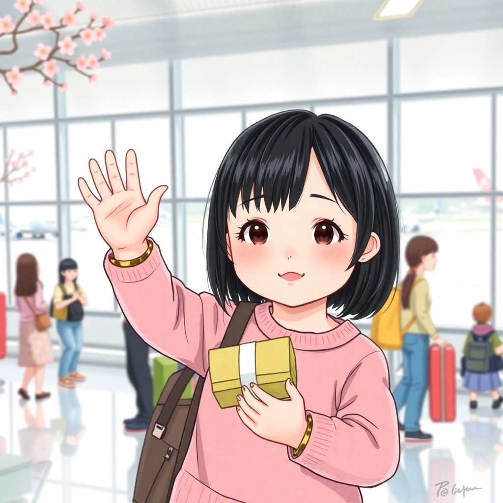 Betül, toddler girl with black straight hair, fair skin color, wearing Asian clothing, Betül waving goodbye to Hiro at the train station, Busy train station platform, Bright daylight and Sad but grateful, Hand-drawn illustration, colored pencil, whimsical., Medium shot showing Betül and Hiro waving to each other,