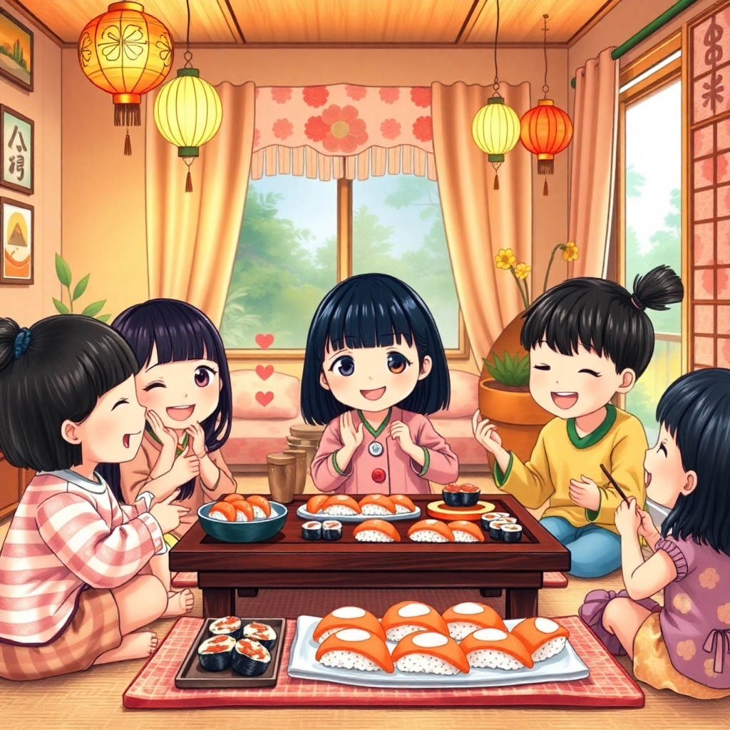 Betül, toddler girl with black straight hair, fair skin color, wearing Asian clothing, Betül showing her friends souvenirs from Japan, Betül's living room, Warm indoor lighting and Excited and sharing, Hand-drawn illustration, colored pencil, whimsical., Medium shot showing Betül surrounded by her friends,