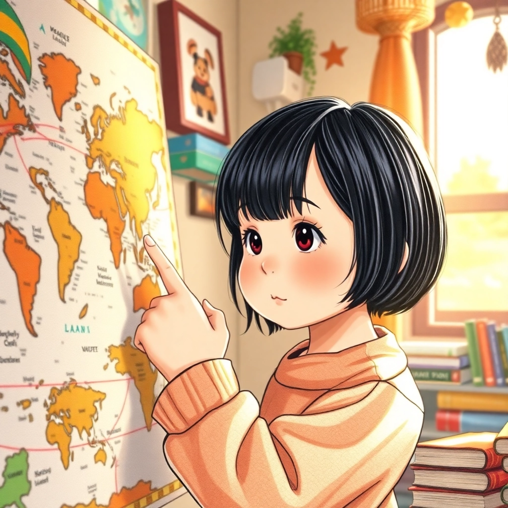 Betül, toddler girl with black straight hair, fair skin color, wearing Asian clothing, Betül looking at a world map, pointing to Japan, Betül's bedroom with travel-themed decorations, Soft daylight and Dreamy and inspired, Hand-drawn illustration, colored pencil, whimsical., Medium shot showing Betül and the world map,