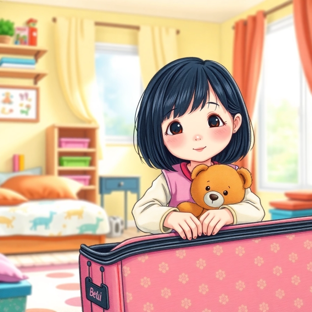 Betül, toddler girl with black straight hair, fair skin color, wearing Asian clothing, Betül packing her suitcase with her teddy bear, Bright and colorful children's bedroom, Natural daylight streaming through the window and Anticipating and curious, Hand-drawn illustration, colored pencil, whimsical., Close-up of Betül's hands placing items in the suitcase,