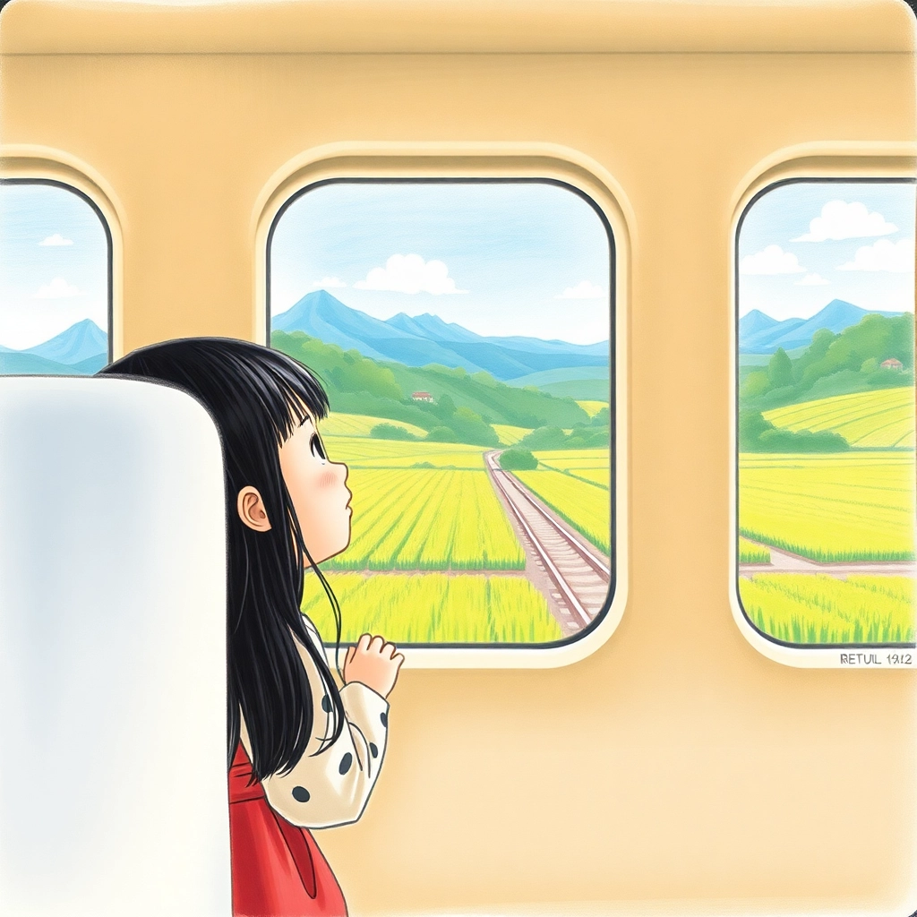 Betül, toddler girl with black straight hair, fair skin color, wearing Asian clothing, Betül looking out the window of a bullet train, Passing by lush green rice fields and distant mountains, Bright daylight and Awestruck and fascinated, Hand-drawn illustration, colored pencil, whimsical., Medium shot from inside the train, showing Betül and the scenery,