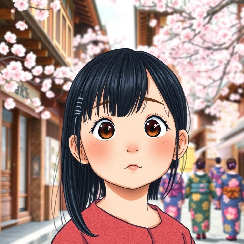 Betül, toddler girl with black straight hair, fair skin color, wearing Asian clothing, Betül watching women in kimonos walk by a temple, Traditional Kyoto street with a temple in the background, Filtered sunlight through trees and Intrigued and respectful, Hand-drawn illustration, colored pencil, whimsical., Medium shot focusing on Betül and the women in kimonos,