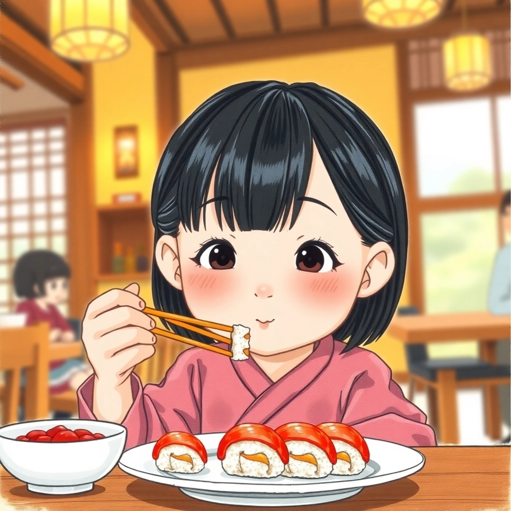 Betül, toddler girl with black straight hair, fair skin color, wearing Asian clothing, Betül eating sushi with chopsticks, Traditional Japanese restaurant, Warm indoor lighting and Content and enjoying her meal, Hand-drawn illustration, colored pencil, whimsical., Close-up of Betül's hands and face as she eats sushi,