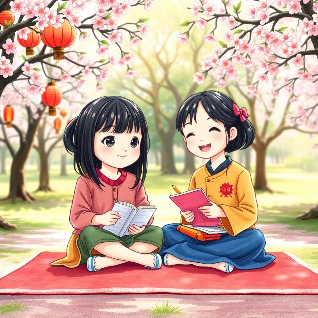 Betül, toddler girl with black straight hair, fair skin color, wearing Asian clothing, Betül and Hiro laughing and talking together, Beautiful Japanese garden, Bright daylight and Happy and friendly, Hand-drawn illustration, colored pencil, whimsical., Medium shot showing Betül and Hiro side-by-side,