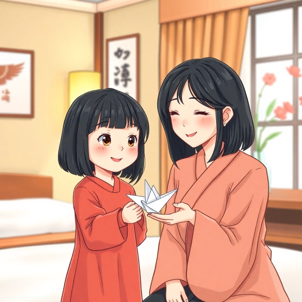 Betül, toddler girl with black straight hair, fair skin color, wearing Asian clothing, Betül handing an origami bird to her mother, Cozy hotel room with Japanese decor, Soft indoor lighting and Loving and appreciative, Hand-drawn illustration, colored pencil, whimsical., Close-up of Betül and her mother exchanging the origami bird,