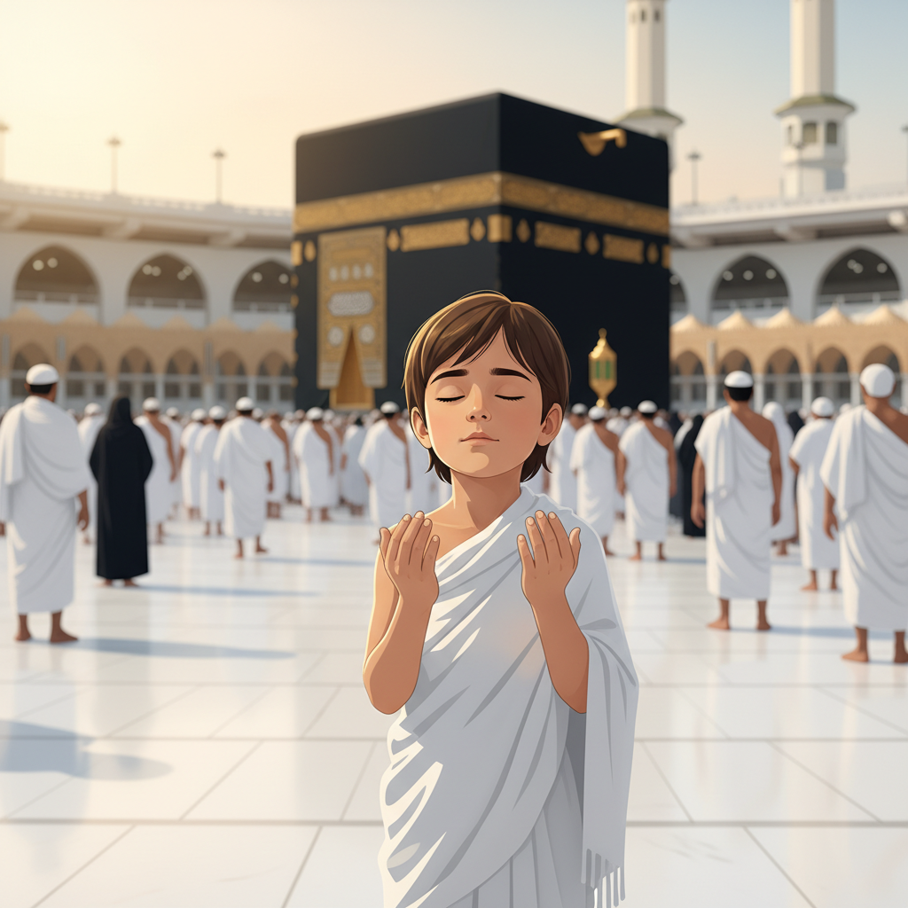 Celal, young child boy with brown straight hair, olive skin color, wearing Islamic clothing, a young boy with brown straight hair and olive skin gazes at the Kaaba in awe while holding his father's hand, the grand courtyard of the Masjid al-Haram in Mecca, bright evening lights illuminating the white marble floor and spiritual and wonder-filled, flat corporate style, low angle shot looking up at the boy and the majestic Kaaba in the background,