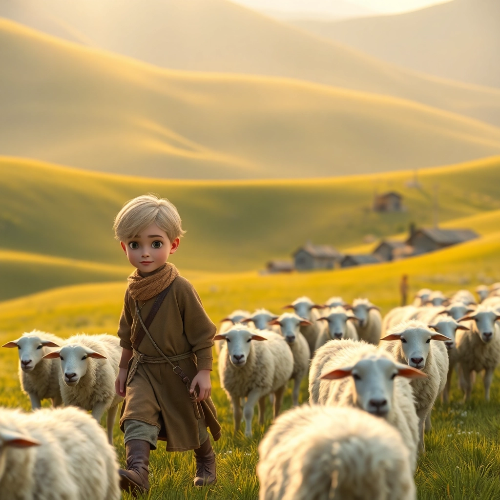 Abdullah, young child boy with blonde straight hair, fair skin color, wearing Rural clothing, Abdullah smiles while petting a sheep, a green meadow with rolling hills, bright, sunny day and happy and content, Pixar-like character design, octane render, highly detailed., close-up of Abdullah's face and the sheep,