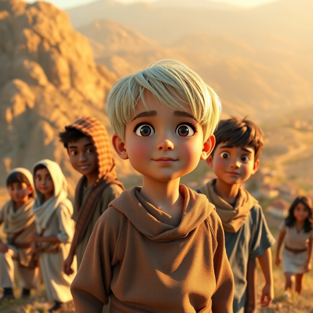 Abdullah, young child boy with blonde straight hair, fair skin color, wearing Rural clothing, Abdullah standing tall and confident, top of a hill overlooking the village, bright daylight and confident and brave, Pixar-like character design, octane render, highly detailed., low angle shot showing Abdullah as a hero,