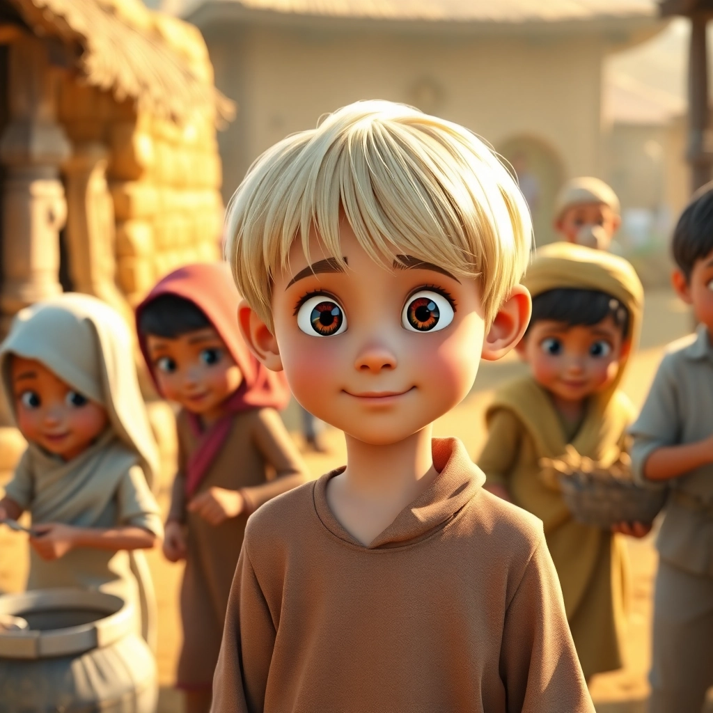 Abdullah, young child boy with blonde straight hair, fair skin color, wearing Rural clothing, children helping each other with tasks, busy village scene, warm afternoon sunlight and harmonious and helpful, Pixar-like character design, octane render, highly detailed., wide shot showing the collaborative atmosphere,