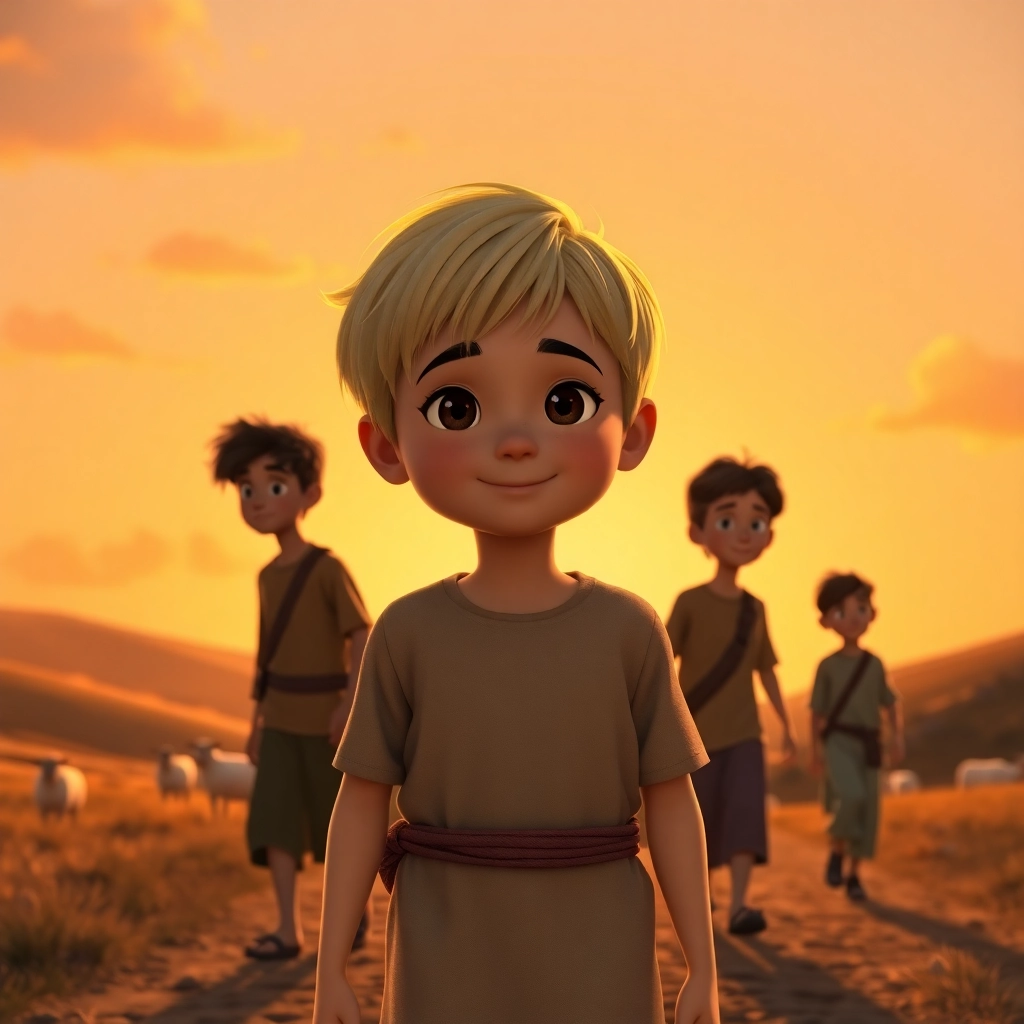 Abdullah, young child boy with blonde straight hair, fair skin color, wearing Rural clothing, Abdullah and his friends walking into the sunset, rolling hills with grazing sheep, warm sunset colors and satisfied and hopeful, Pixar-like character design, octane render, highly detailed., wide shot showing the group of friends in silhouette,