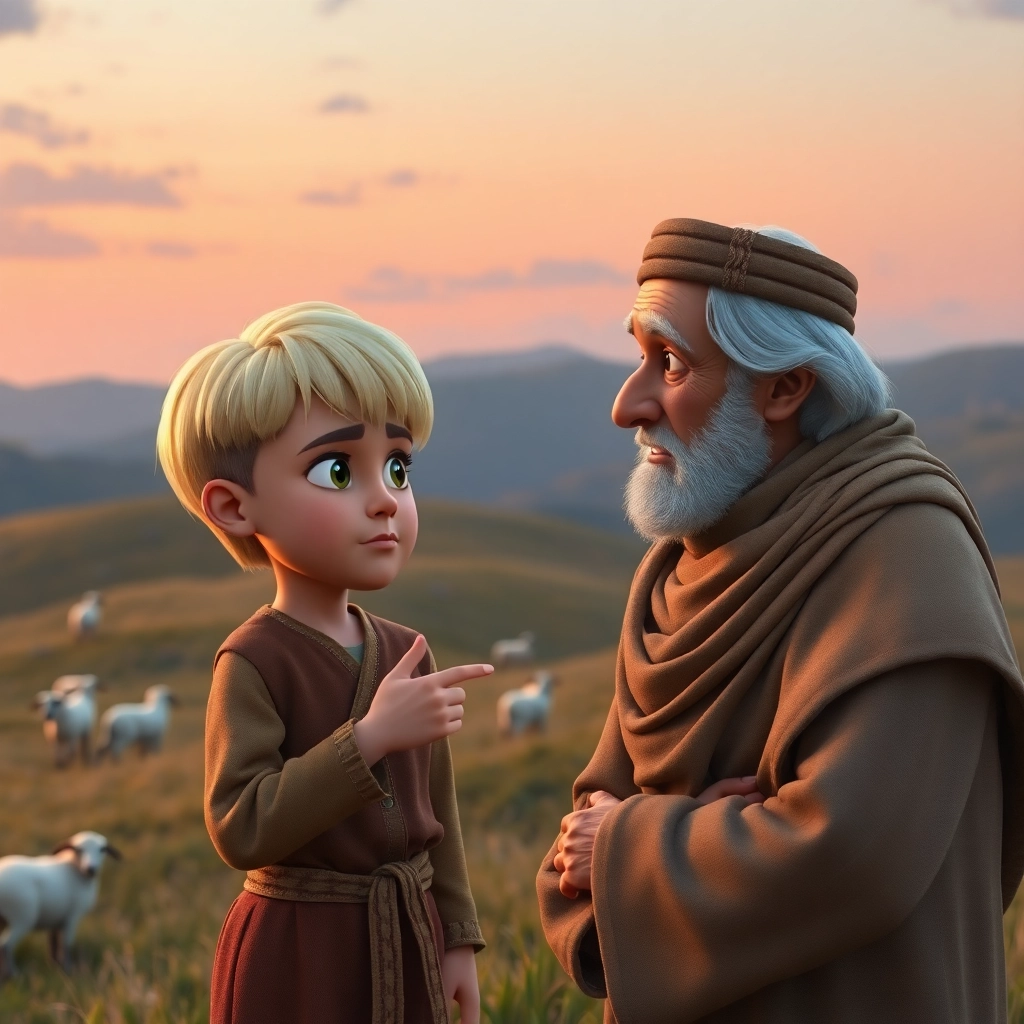 Abdullah, young child boy with blonde straight hair, fair skin color, wearing Rural clothing, Abdullah listens intently to his grandfather, worried expression, inside a rustic farmhouse kitchen, soft lamplight and concerned and thoughtful, Pixar-like character design, octane render, highly detailed., medium shot of Abdullah and his grandfather,