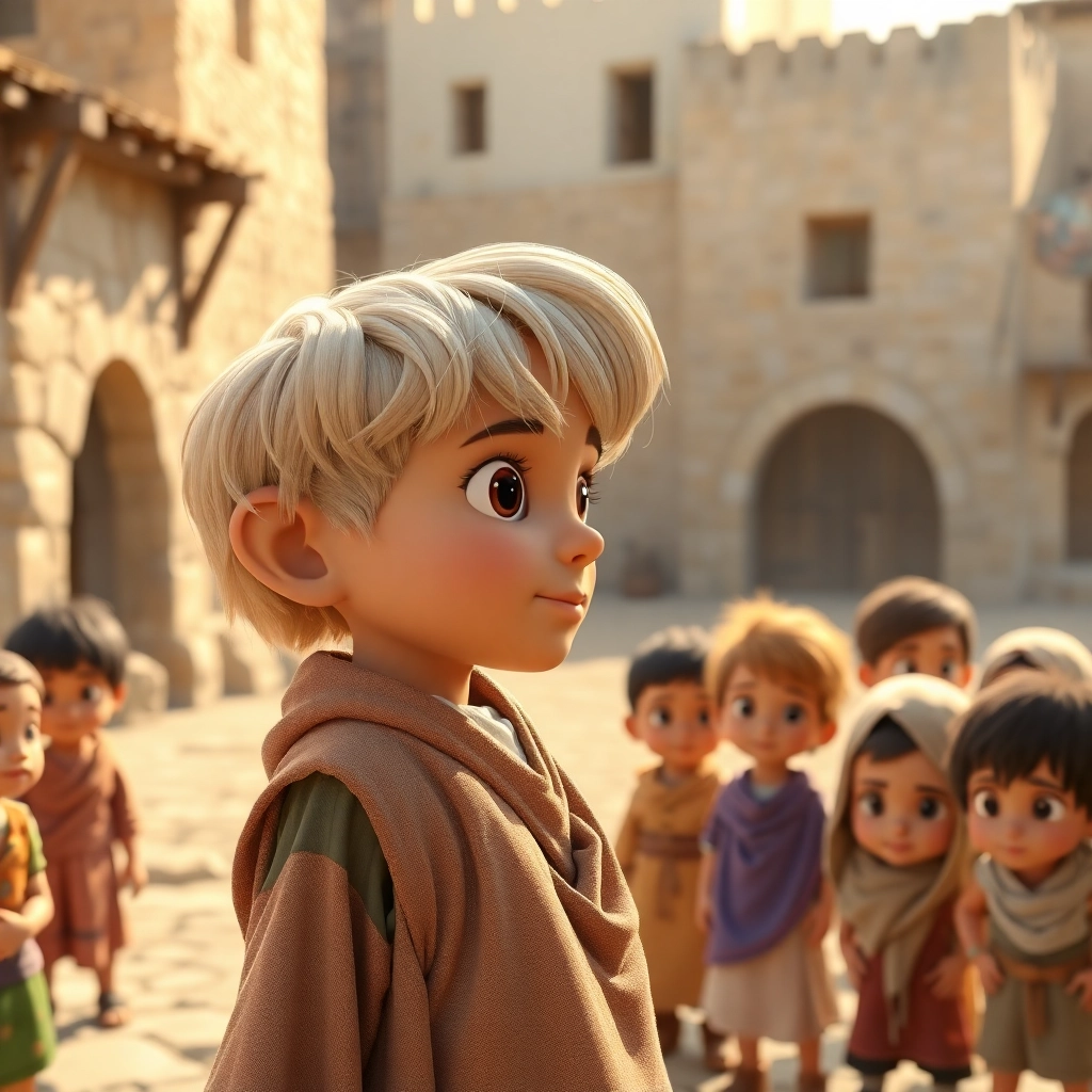 Abdullah, young child boy with blonde straight hair, fair skin color, wearing Rural clothing, Abdullah explains his plan to a group of children, village square with old stone buildings, morning sunlight and determined and hopeful, Pixar-like character design, octane render, highly detailed., wide shot showing the group of children,