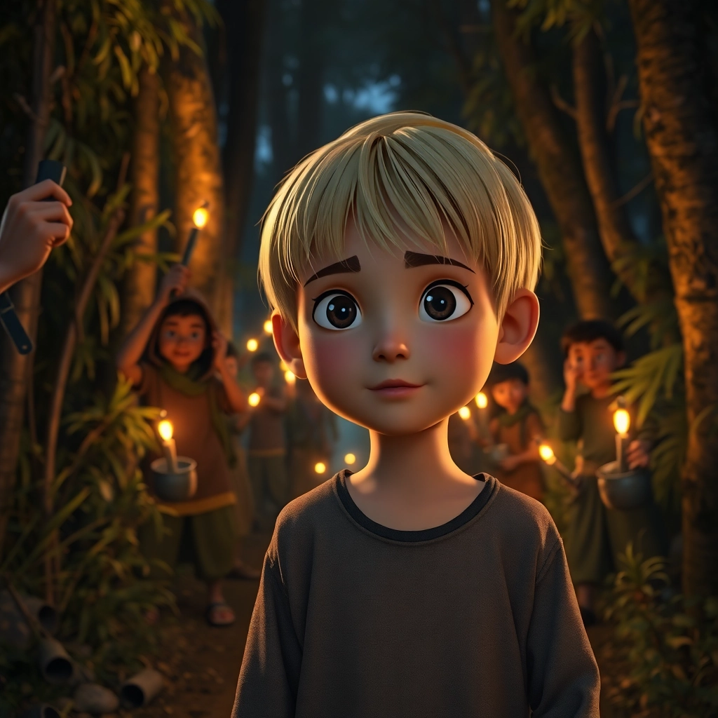 Abdullah, young child boy with blonde straight hair, fair skin color, wearing Rural clothing, children collecting pots, pans and whistles, messy but cozy barn, dim light filtering through cracks in the wall and mischievous and excited, Pixar-like character design, octane render, highly detailed., medium shot focusing on the items being collected,