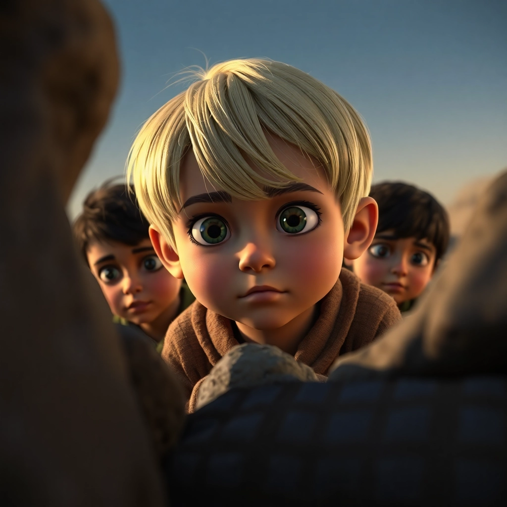 Abdullah, young child boy with blonde straight hair, fair skin color, wearing Rural clothing, children hiding behind rocks, looking alert, a field at dusk, dim, shadowy lighting and nervous and anticipation, Pixar-like character design, octane render, highly detailed., low angle shot emphasizing the children hiding,