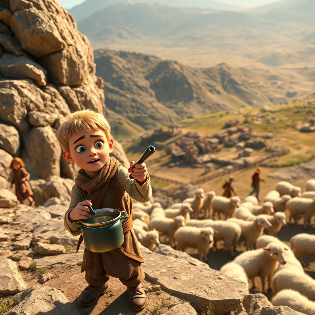 Abdullah, young child boy with blonde straight hair, fair skin color, wearing Rural clothing, children banging pots and pans loudly, nighttime, illuminated by moonlight, bright flashes from the banging and chaotic and noisy, Pixar-like character design, octane render, highly detailed., medium shot focusing on the children,