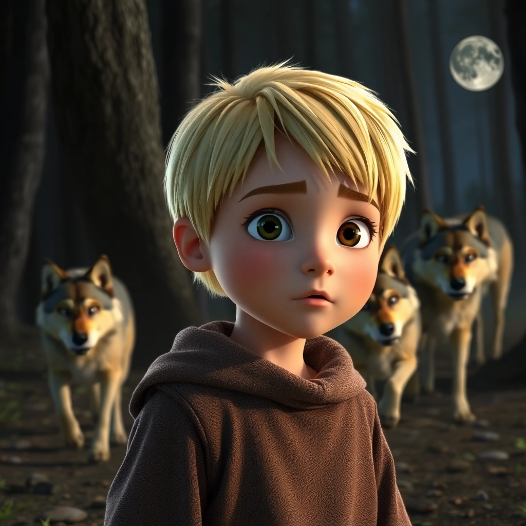 Abdullah, young child boy with blonde straight hair, fair skin color, wearing Rural clothing, wolves running away in fear, dark forest edge, sparse moonlight and frightened and confused, Pixar-like character design, octane render, highly detailed., wide shot showing the wolves' retreat,
