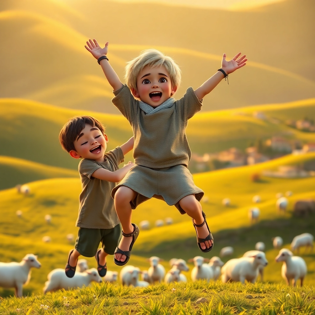 Abdullah, young child boy with blonde straight hair, fair skin color, wearing Rural clothing, children hugging and celebrating, open field under the night sky, soft glow from distant village lights and joyful and relieved, Pixar-like character design, octane render, highly detailed., medium shot of the group hug,