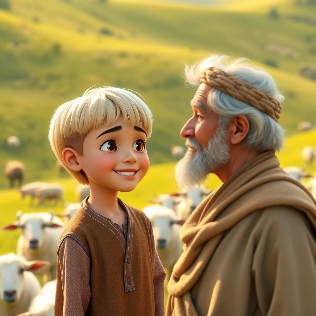 Abdullah, young child boy with blonde straight hair, fair skin color, wearing Rural clothing, Abdullah smiles at his grandfather while watching the sheep graze, peaceful pasture in the morning sunlight, golden morning light and peaceful and proud, Pixar-like character design, octane render, highly detailed., medium shot of Abdullah and his grandfather,
