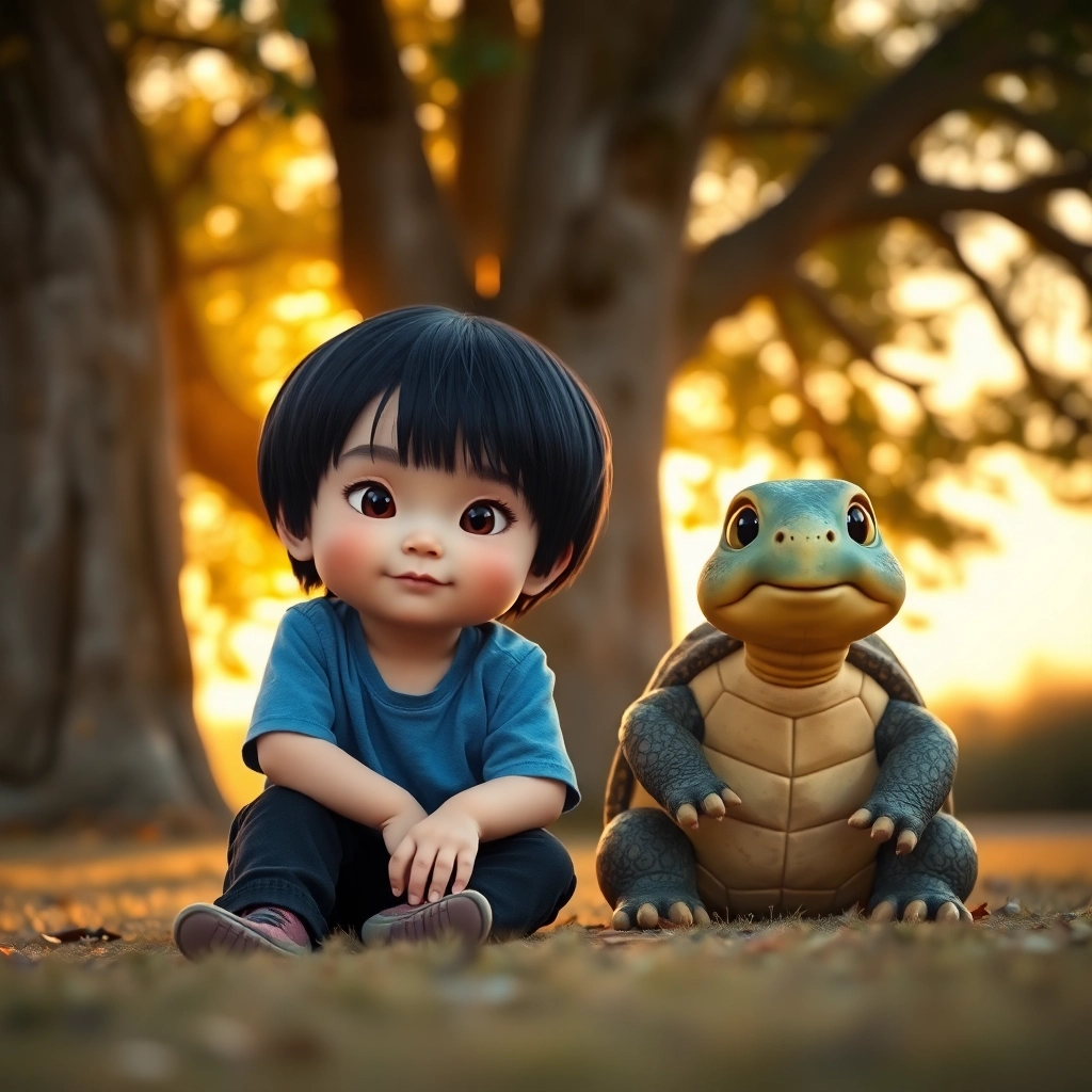 [Enes, a toddler boy with black straight hair, wearing a blue t-shirt and black pants, and Tim the wise turtle sitting under the oak tree], [sunset in the background with warm and golden lighting], creating [a serene atmosphere with Pixar-like character design]. Medium shot, focus on the subjects' peaceful expressions, enabled lens profile corrections, Nikon Picture Control: Neutral