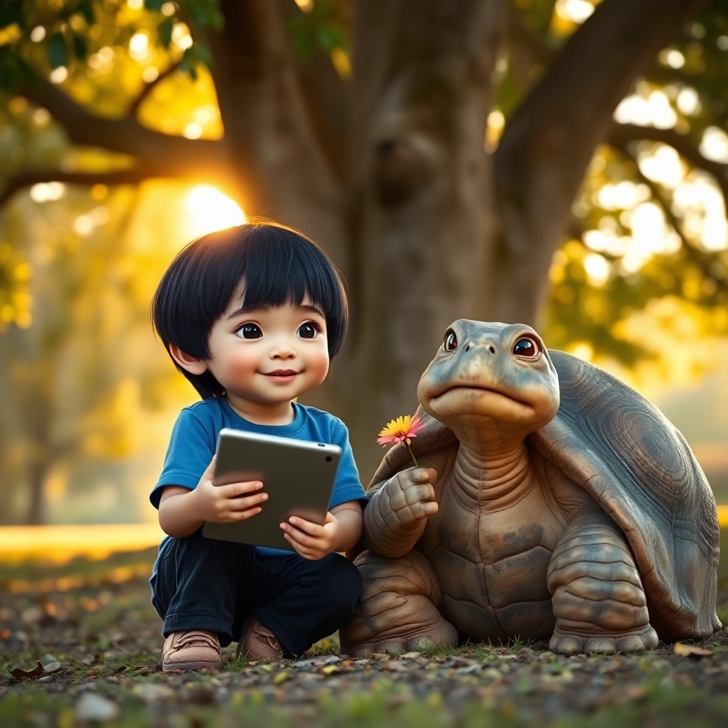 [Enes, a toddler boy with black straight hair, wearing a blue t-shirt and black pants, kneeling beside Tim, a wise turtle with kind eyes and an old shell, under an oak tree], [soft golden sunset light filtering through the leaves], [Enes smiles gently, holding a tablet in one hand and a flower in the other], creating [a touching, Pixar-like moment of realization and balance]. Emphasis on facial expressions showing warmth and understanding. Soft focus background, cinematic lighting with subtle lens flare, Nikon DSLR with 50mm lens, ISO 100, shutter 1/125s, white balance 5500K.
