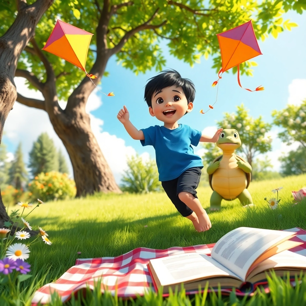 [Enes, a joyful toddler boy with black straight hair, wearing a blue t-shirt and black pants, running barefoot across a grassy garden while flying a colorful kite], [Tim the wise turtle smiling as he watches from the shade of a tree, a book resting beside him], creating [a vibrant, heartwarming Pixar-style illustration of discovery and balance]. Wide-angle, low-angle perspective showing the sky and garden, focus on Enes' delighted expression and the fluttering kite. Bright midday sunlight with soft shadows, flowers swaying in a gentle breeze, a picnic blanket and open storybook nearby, capturing the richness of outdoor life and learning.