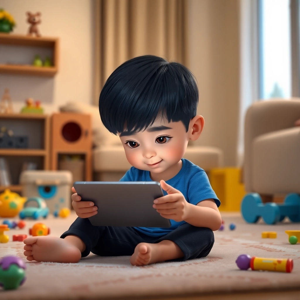 Enes, a toddler boy with black straight hair, wears blue t-shirt and black pant, sitting on the floor indoors, absorbed in playing on his tablet, living room setting with toys scattered around, soft indoor lighting, Pixar-like character design, medium shot, focusing on Enes's face, slightly desaturated colors to emphasize the screen's glow