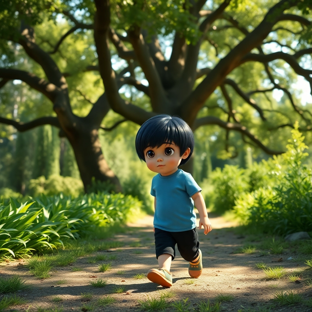 Enes, a toddler boy with black straight hair, wears blue t-shirt and black pant, reluctantly walking into a lush green garden, large oak tree casting shadows, dappled sunlight, Pixar-like, wide angle shot, capturing the expanse of the garden, hint of boredom on Enes's face, early afternoon, peaceful atmosphere