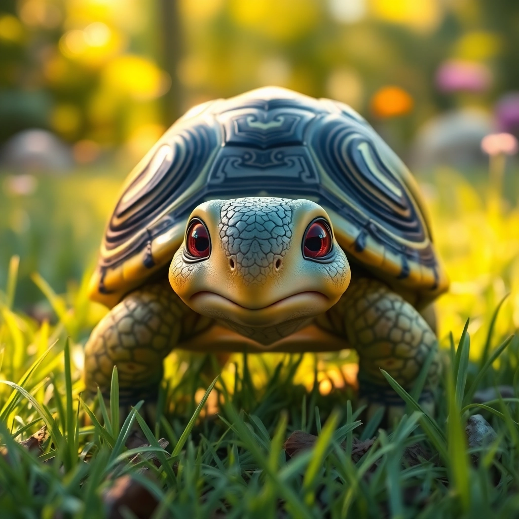 A turtle with intricate shell patterns slowly moving through the grass, sunlit garden background, soft and warm lighting, Pixar-like character design, close-up shot, highlighting the turtle's kind eyes and wise expression, vibrant colors, peaceful and serene