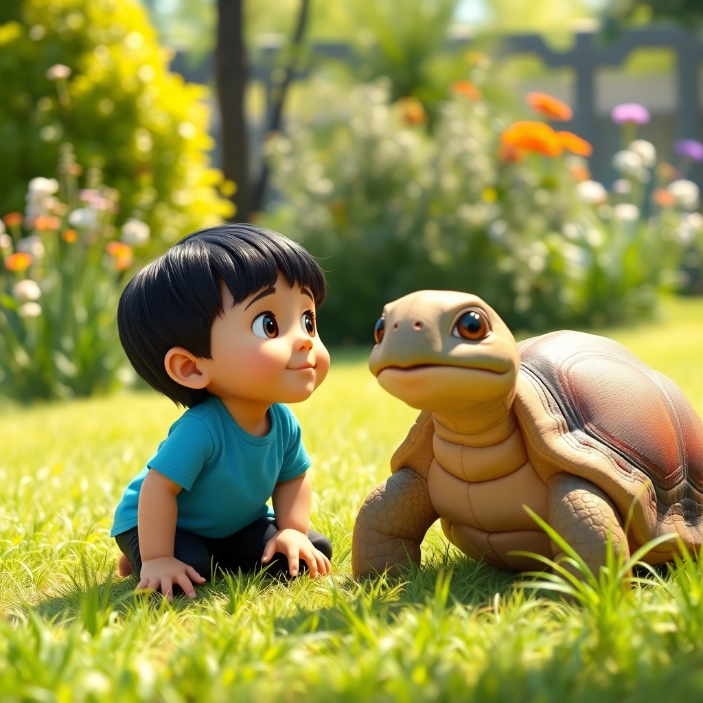 Enes, a toddler boy with black straight hair, wears blue t-shirt and black pant, kneeling in the grass, looking up at Tim the wise turtle, sunlit garden, Pixar-like character design, eye-level shot, capturing the interaction between Enes and Tim, friendly and curious atmosphere