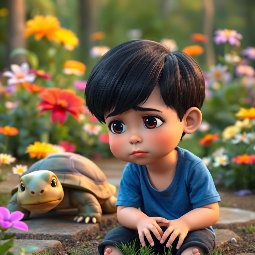 Enes, a toddler boy with black straight hair, wears blue t-shirt and black pant, looking sad, sitting near Tim the turtle, garden setting with colorful flowers, soft lighting, Pixar-like character design, medium shot, emphasizing Enes's facial expression