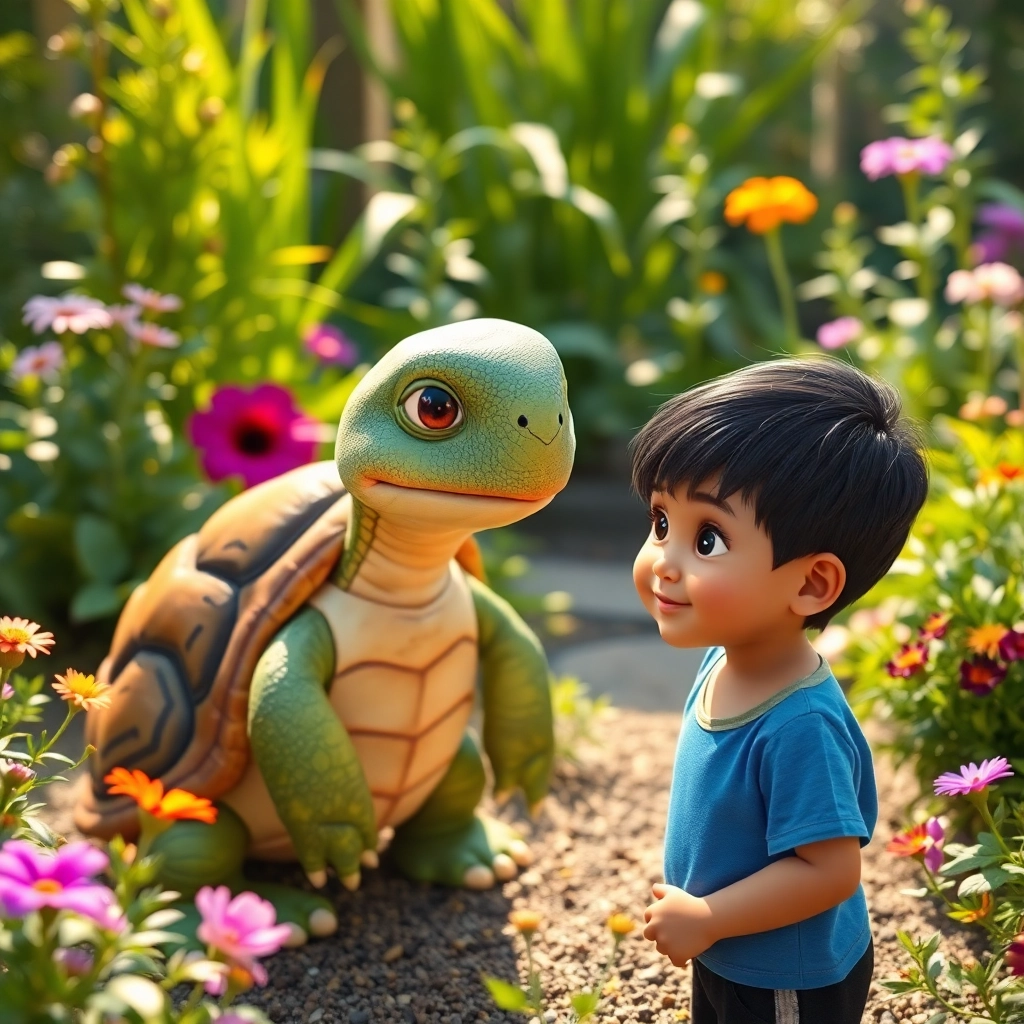 [Tim, the wise turtle, speaking friendly to Enes, a toddler boy with black straight hair, wearing a blue t-shirt and black pants], [sunlit garden background with various lush green plants and vibrant flowers], creating [warm and cozy atmosphere with soft, natural light accentuating the textures and colors of the scene]. High-angle perspective, focus on Tim's kind and understanding expression, Pixar-like character design with proper attention to detail and anatomy, enabled depth of field to separate subjects from the background.