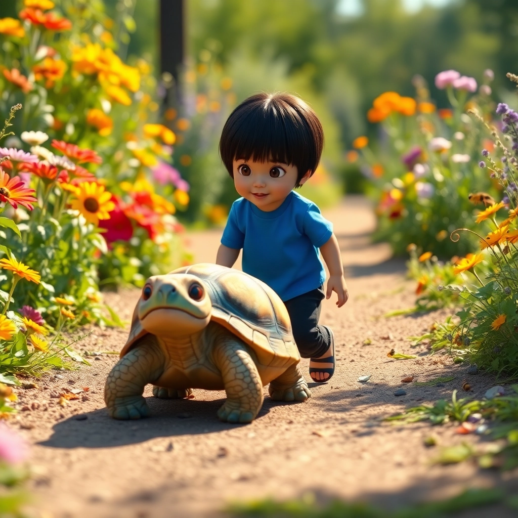 [Enes, a toddler boy with black straight hair, wearing a blue t-shirt and black pants, walking alongside the turtle, exploring the garden], [colorful flowers and buzzing bees surrounding them], creating [soft sunlight casting warm shadows on the garden path]. Wide-angle shot, low-angle perspective, focus on Enes and Tim, Pixar-like character design, capturing the beauty of the garden, joyful and curious atmosphere. High dynamic range, natural color palette, subtle texture and depth of field.