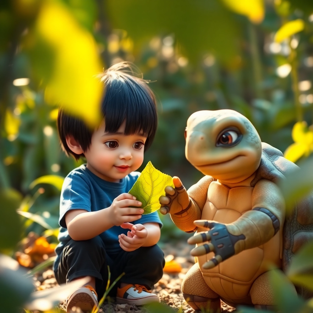 [Enes, a toddler boy with black straight hair, wearing a blue t-shirt and black pants, and Tim the turtle examining a leaf together], [warm, soft garden light filtering through foliage], creating [intricate textures on leaf and characters' hands]. Shallow depth of field, macro photography techniques, Pixar-inspired character design with vibrant colors.