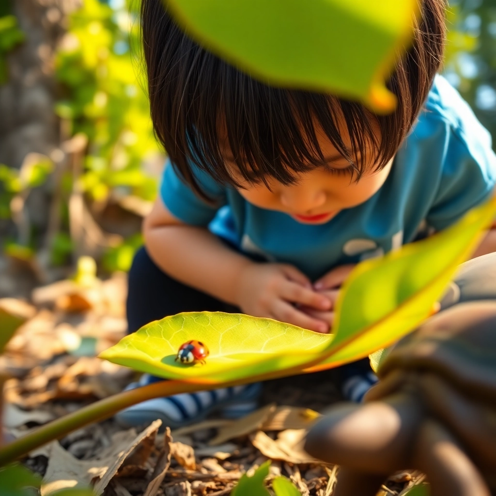 [Enes, a toddler boy with black straight hair, wearing a blue t-shirt and black pants, observing a ladybug on a leaf, Tim the turtle nearby], [warm sunlight casting subtle shadows on the leaf and ladybug's shell], creating [vibrant, Pixar-like colors and textures]. Low-angle perspective, focus on the ladybug, shallow depth of field, Nikon CLS with softbox diffuser