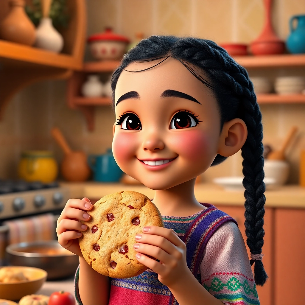Halime, toddler girl with black braided hair, fair skin color, wearing Traditional clothing, Halime, with braided hair, smiles proudly while holding a freshly baked cookie, Bright and colorful kitchen with cooking utensils and ingredients scattered around, Warm and inviting kitchen lighting and Happy and accomplished, Pixar-like character design, octane render, highly detailed., Close-up shot focusing on Halime's face and the cookie, 