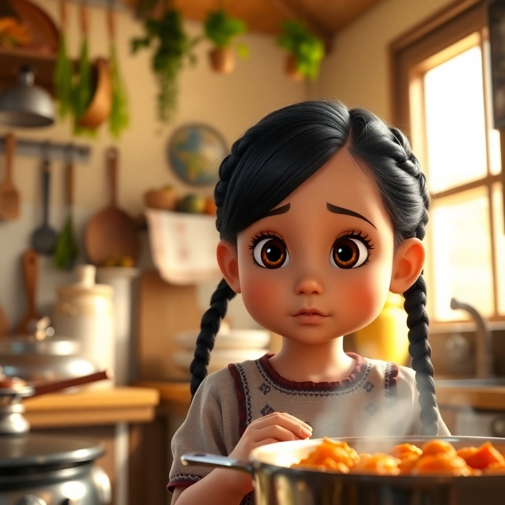 Halime, toddler girl with black braided hair, fair skin color, wearing Traditional clothing, Halime watches her mother cook with a longing expression, Warm and cozy kitchen with sunlight streaming through the window, Soft, natural light and Curious and eager, Pixar-like character design, octane render, highly detailed., Medium shot from Halime's perspective,