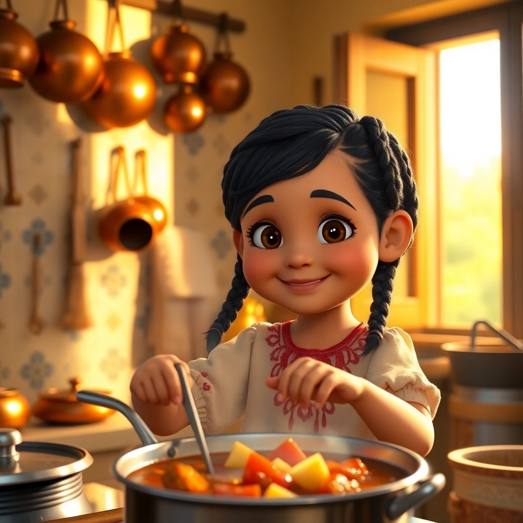Halime, toddler girl with black braided hair, fair skin color, wearing Traditional clothing, Halime smiles contentedly in the kitchen, Warm, inviting kitchen setting, Soft and comforting lighting and Peaceful and fulfilled, Pixar-like character design, octane render, highly detailed., Close-up of Halime's face, conveying happiness,