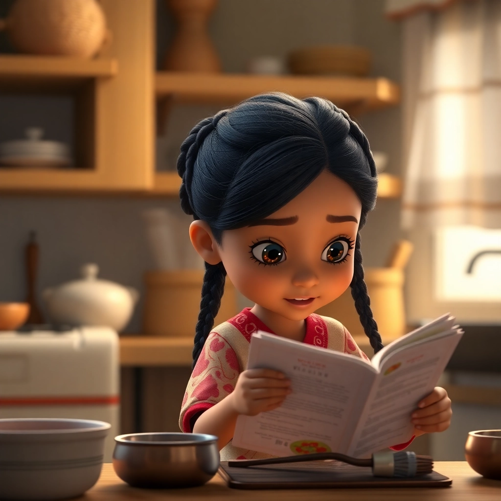 Halime, toddler girl with black braided hair, fair skin color, wearing Traditional clothing, Halime secretly prepares to cook a meal., Quiet kitchen., Subtle, ambient light. and Excited and secretive., Pixar-like character design, octane render, highly detailed., Over-the-shoulder shot, looking at the recipe book.,