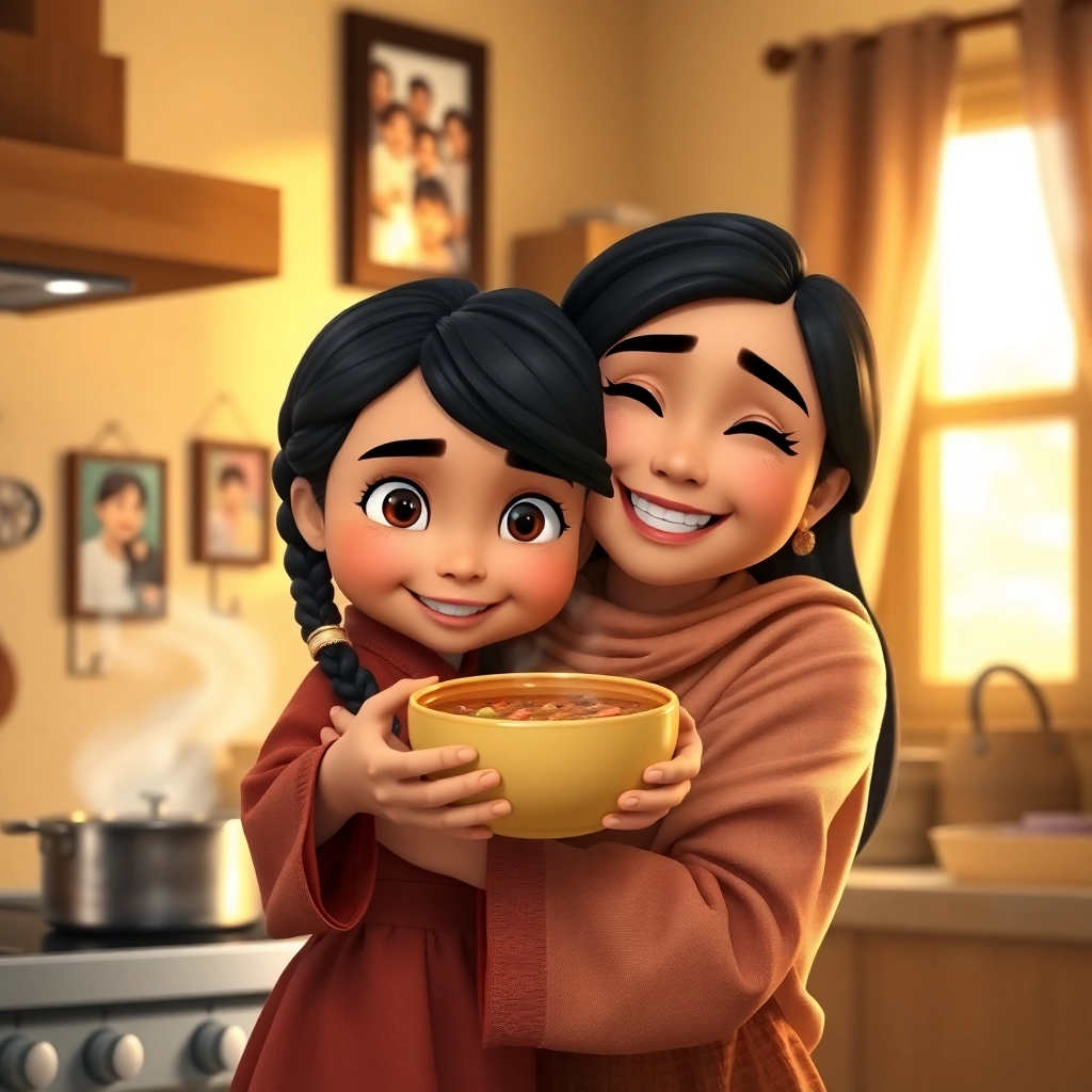 Halime, toddler girl with black braided hair, fair skin color, wearing Traditional clothing, Halime presents a bowl of lentil soup to her mother, Warmly lit dining room, Evening light and Proud and loving, Pixar-like character design, octane render, highly detailed., Medium shot showing Halime and her mother embracing,