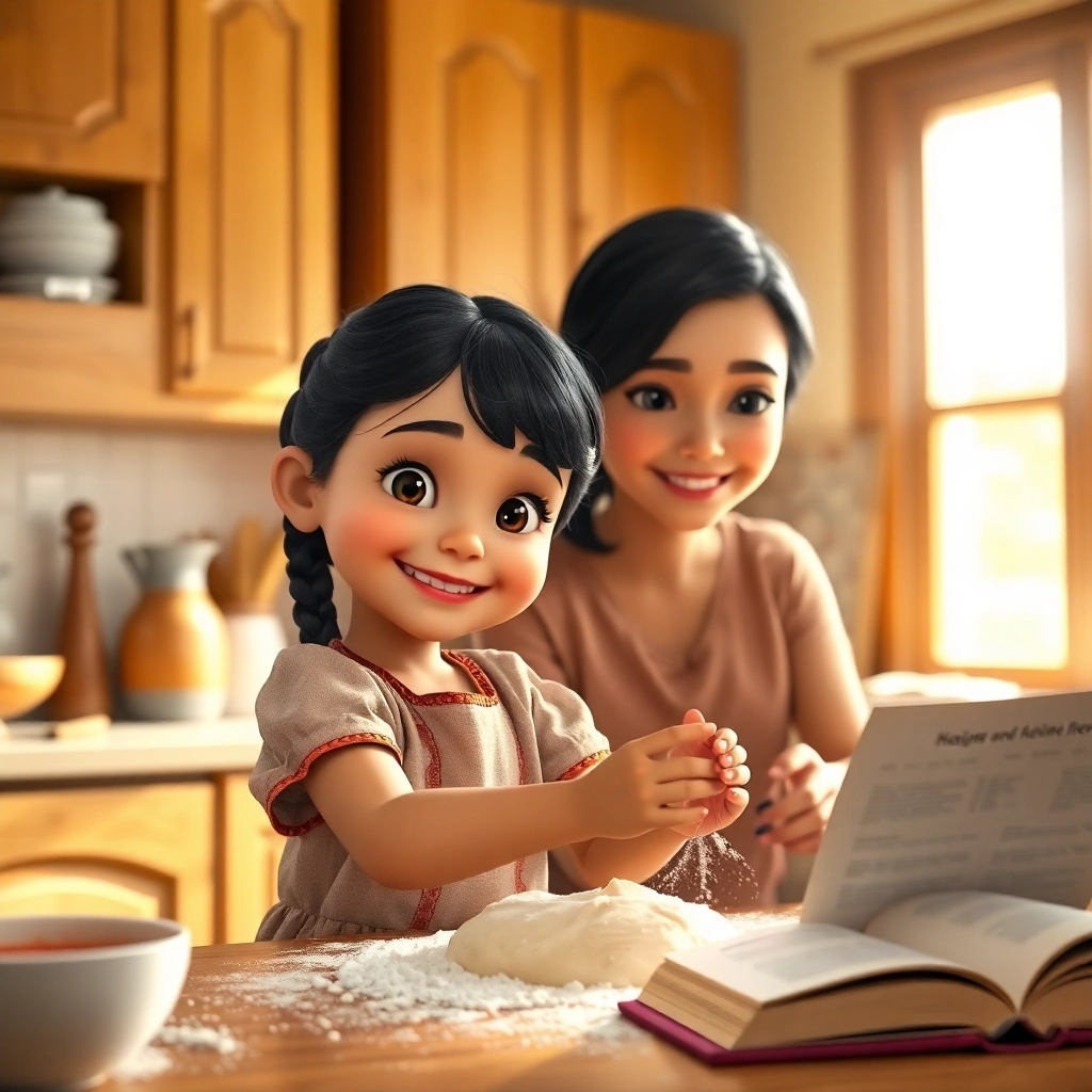 Halime, toddler girl with black braided hair, fair skin color, wearing Traditional clothing, Halime tells her mom she wants to learn cooking., Sunlit kitchen with colorful cabinets., Warm morning light. and Excited and hopeful., Pixar-like character design, octane render, highly detailed., Close-up shot focusing on their faces.,