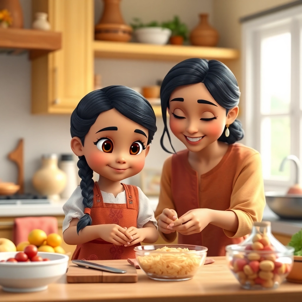 Halime, toddler girl with black braided hair, fair skin color, wearing Traditional clothing, Halime and her mother prepare ingredients together, Kitchen counter with various ingredients, Bright and cheerful kitchen light and Enthusiastic and focused, Pixar-like character design, octane render, highly detailed., Medium shot showing both Halime and her mother,