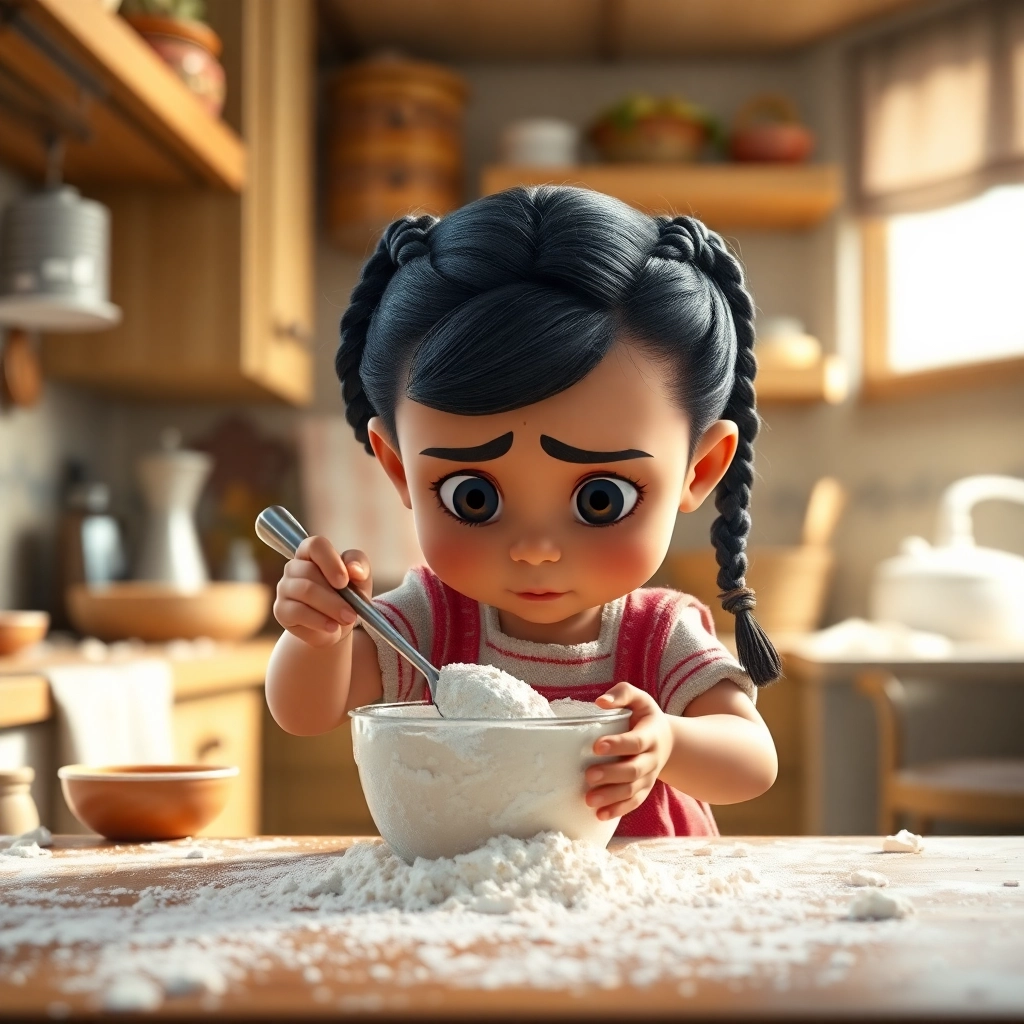 Halime, toddler girl with black braided hair, fair skin color, wearing Traditional clothing, Halime struggles to mix the ingredients, making a mess, Messy kitchen counter with flour scattered around, Bright and slightly chaotic lighting and Frustrated but determined, Pixar-like character design, octane render, highly detailed., Wide shot showing the mess and Halime's effort,