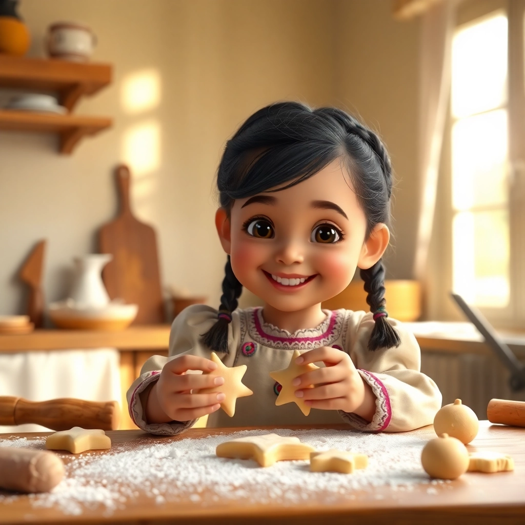 Halime, toddler girl with black braided hair, fair skin color, wearing Traditional clothing, Halime shapes the dough into different forms, Clean kitchen counter with shaped cookies, Soft and focused lighting and Creative and playful, Pixar-like character design, octane render, highly detailed., Close-up shot of Halime's hands shaping the dough,