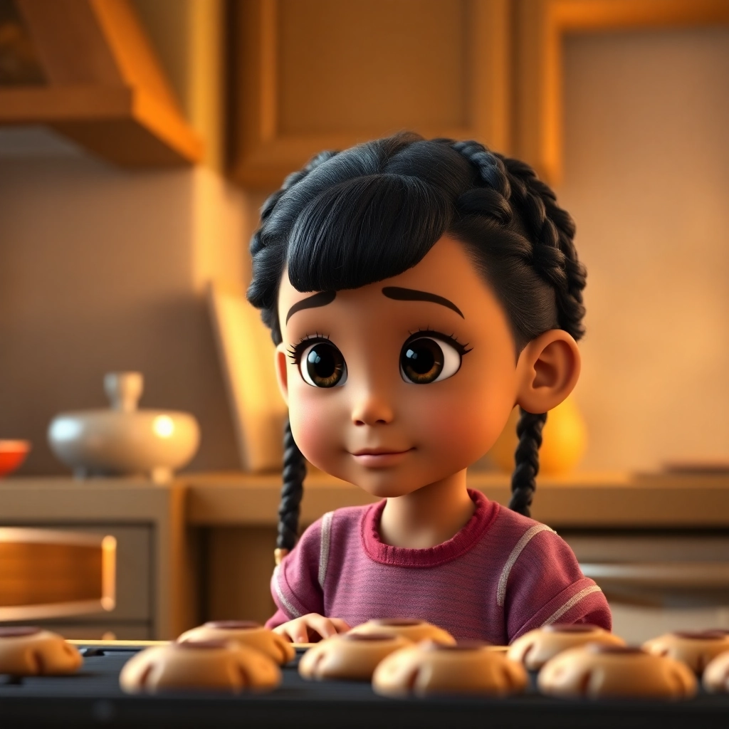 Halime, toddler girl with black braided hair, fair skin color, wearing Traditional clothing, Halime watches the cookies baking in the oven, Kitchen with oven in the background, Warm and inviting light from the oven and Anticipatory and curious, Pixar-like character design, octane render, highly detailed., Medium shot focusing on Halime's face and the oven,