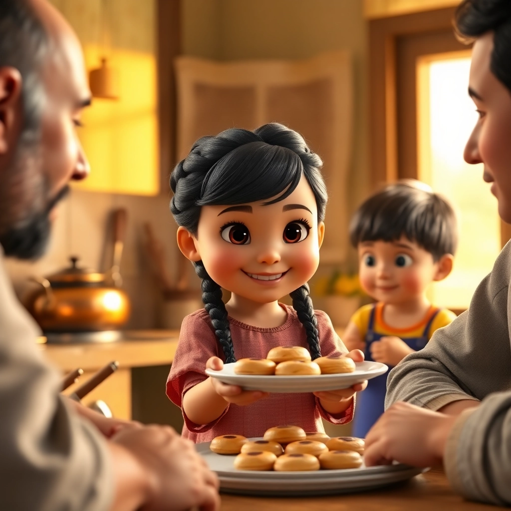 Halime, toddler girl with black braided hair, fair skin color, wearing Traditional clothing, Halime offers the cookies to her family., Cozy living room setting., Soft indoor lighting. and Proud and happy., Pixar-like character design, octane render, highly detailed., Medium shot capturing the family together.,