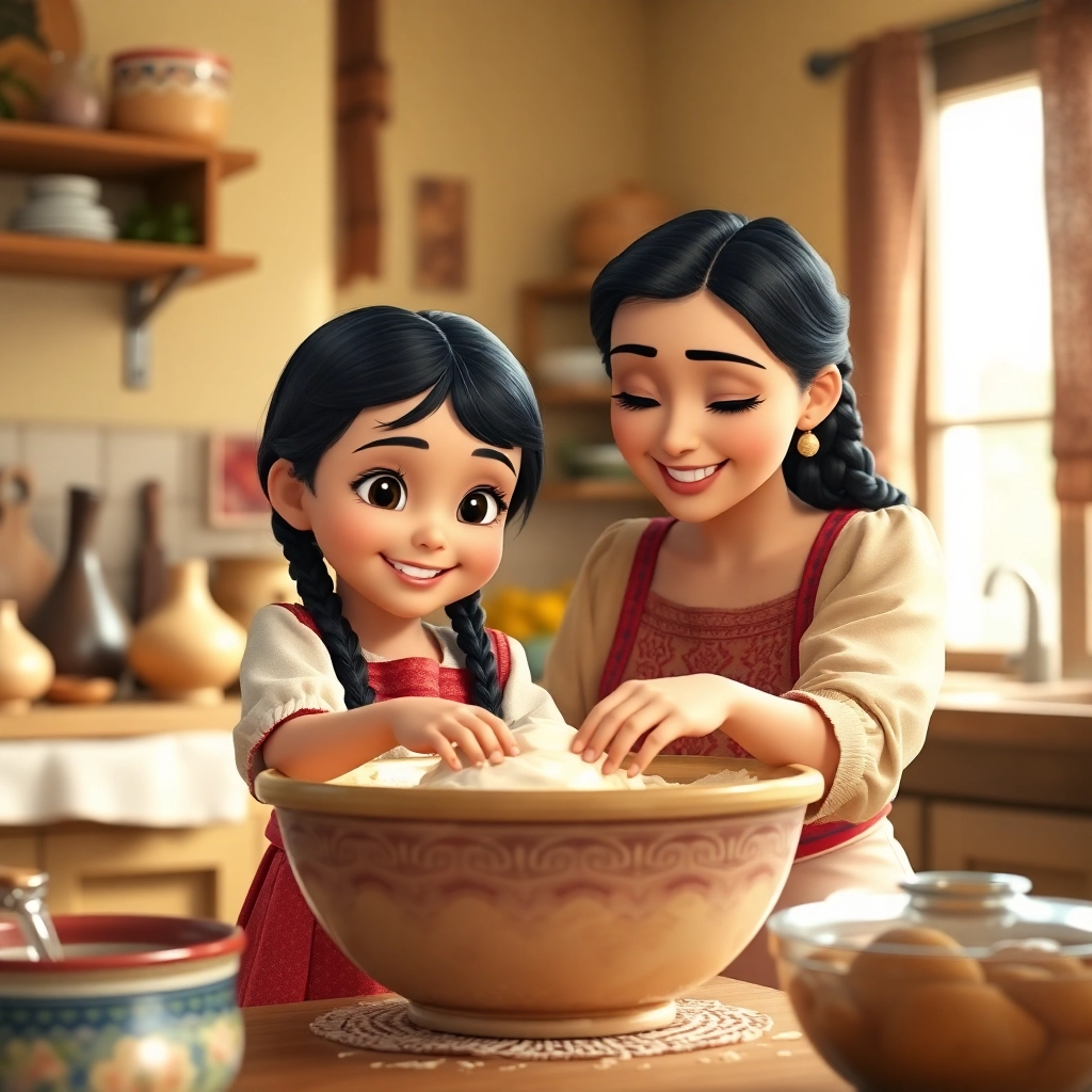 Halime, toddler girl with black braided hair, fair skin color, wearing Traditional clothing, Halime and her mother making a cake together, Bright kitchen with many ingredients, Natural daylight and Joyful and collaborative, Pixar-like character design, octane render, highly detailed., Medium shot showing them working side-by-side,