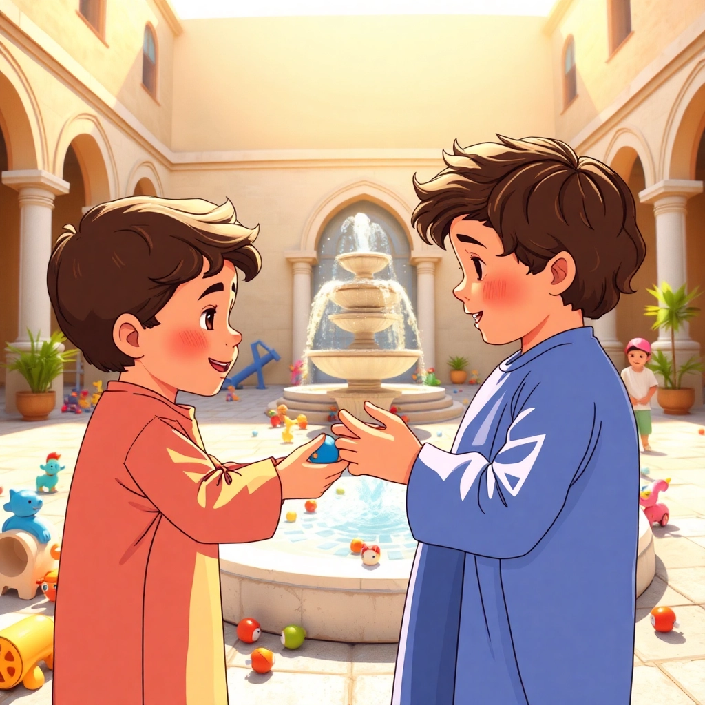 İbrahim, toddler boy with brown wavy hair, medium skin color, wearing Islamic clothing, observing a group of children playing fairly together after resolving a dispute, sunny courtyard of an ancient ottoman-style building with a fountain, bright daylight, slightly filtered by the surrounding buildings and peaceful and hopeful, Illustration for children's book, wide shot showing the entire courtyard scene, 