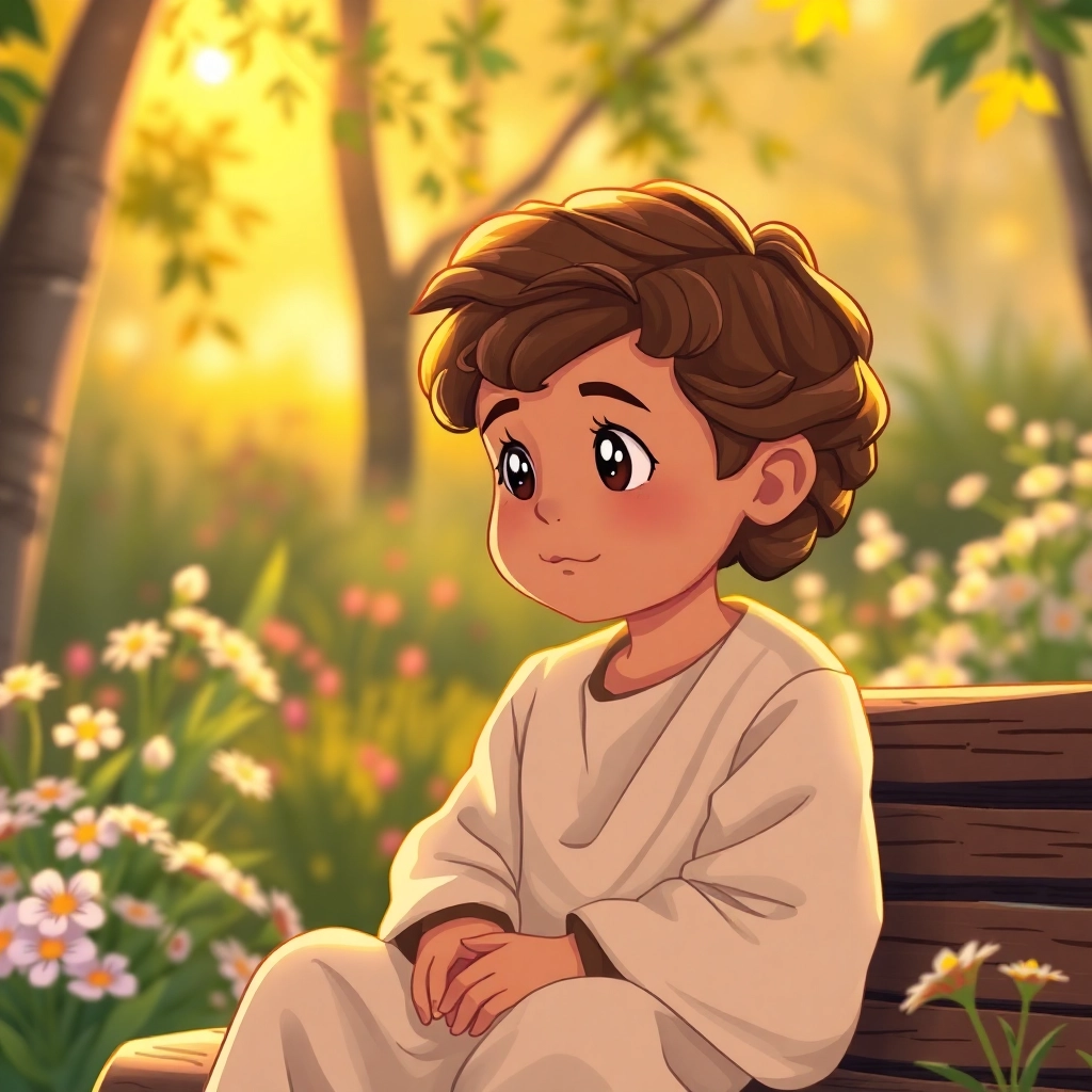 İbrahim, toddler boy with brown wavy hair, medium skin color, wearing Islamic clothing, reflecting on his experiences, looking thoughtful, peaceful garden with flowers, golden hour sunlight and pensive and wise, Illustration for children's book, medium shot of Ibrahim sitting on a bench, 