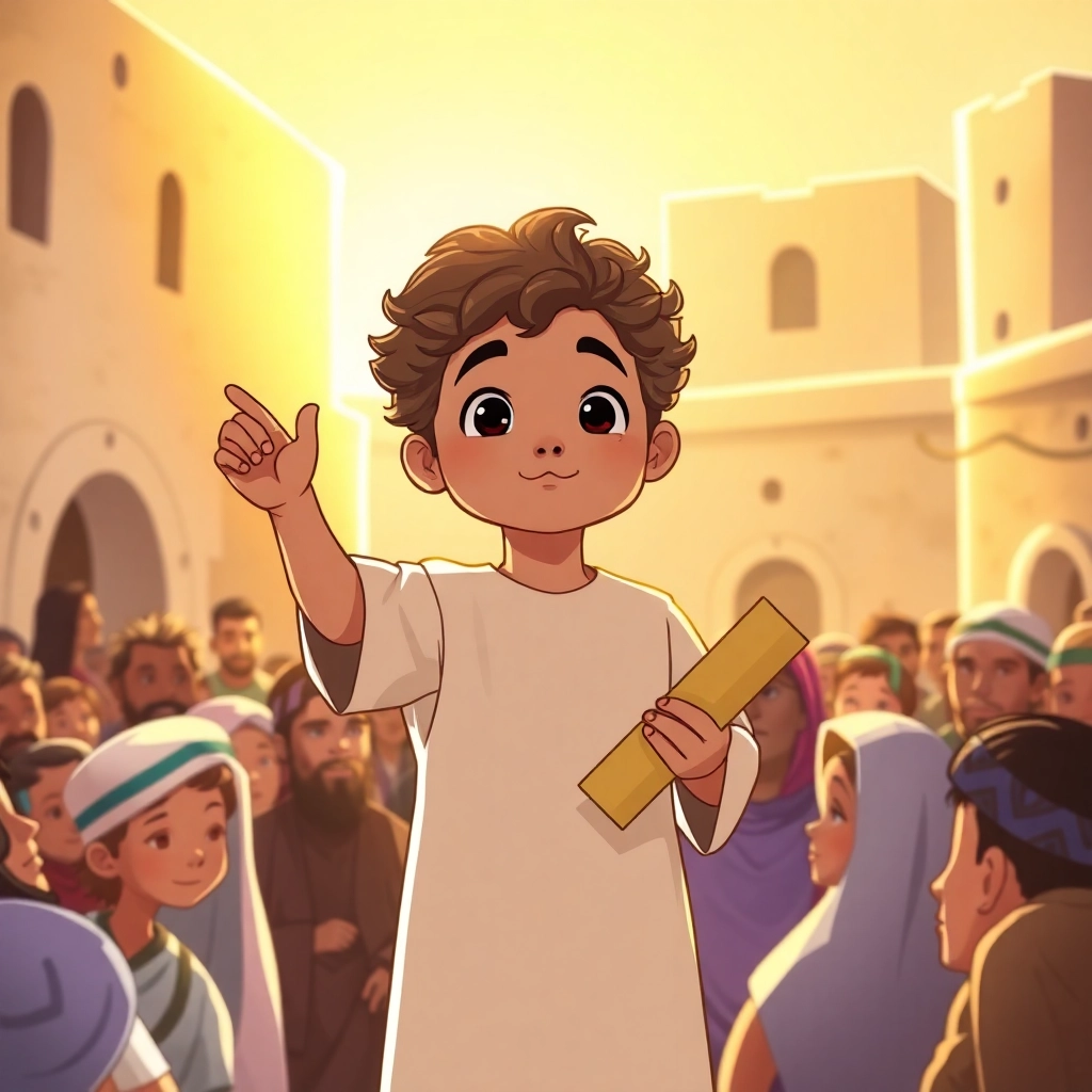 İbrahim, toddler boy with brown wavy hair, medium skin color, wearing Islamic clothing, giving a speech to his classmates, inspiring them, school auditorium, bright stage lighting and confident and inspiring, Illustration for children's book, wide shot showing Ibrahim on stage, 