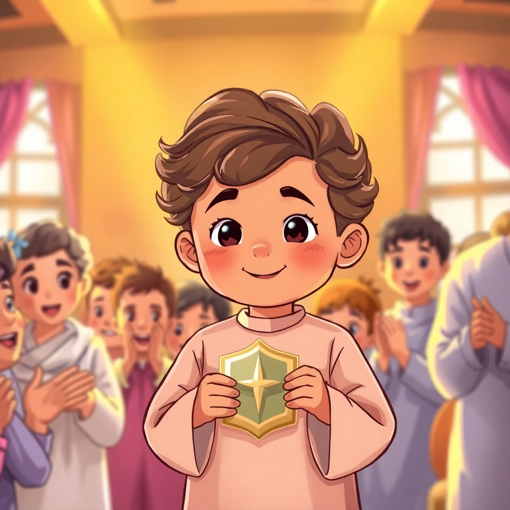 İbrahim, toddler boy with brown wavy hair, medium skin color, wearing Islamic clothing, receiving an award for his good deeds and leadership, school ceremony with applauding audience, warm and celebratory lighting and proud and accomplished, Illustration for children's book, medium shot of Ibrahim receiving the award, 